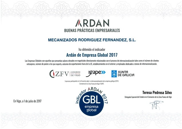 MRF Solutions  wird vom Konzern des Hafengebiets von Vigo (ZFV) mit dem Indikator “ARDÁN EMPRESA GLOBAL 2017” ausgezeichnet”